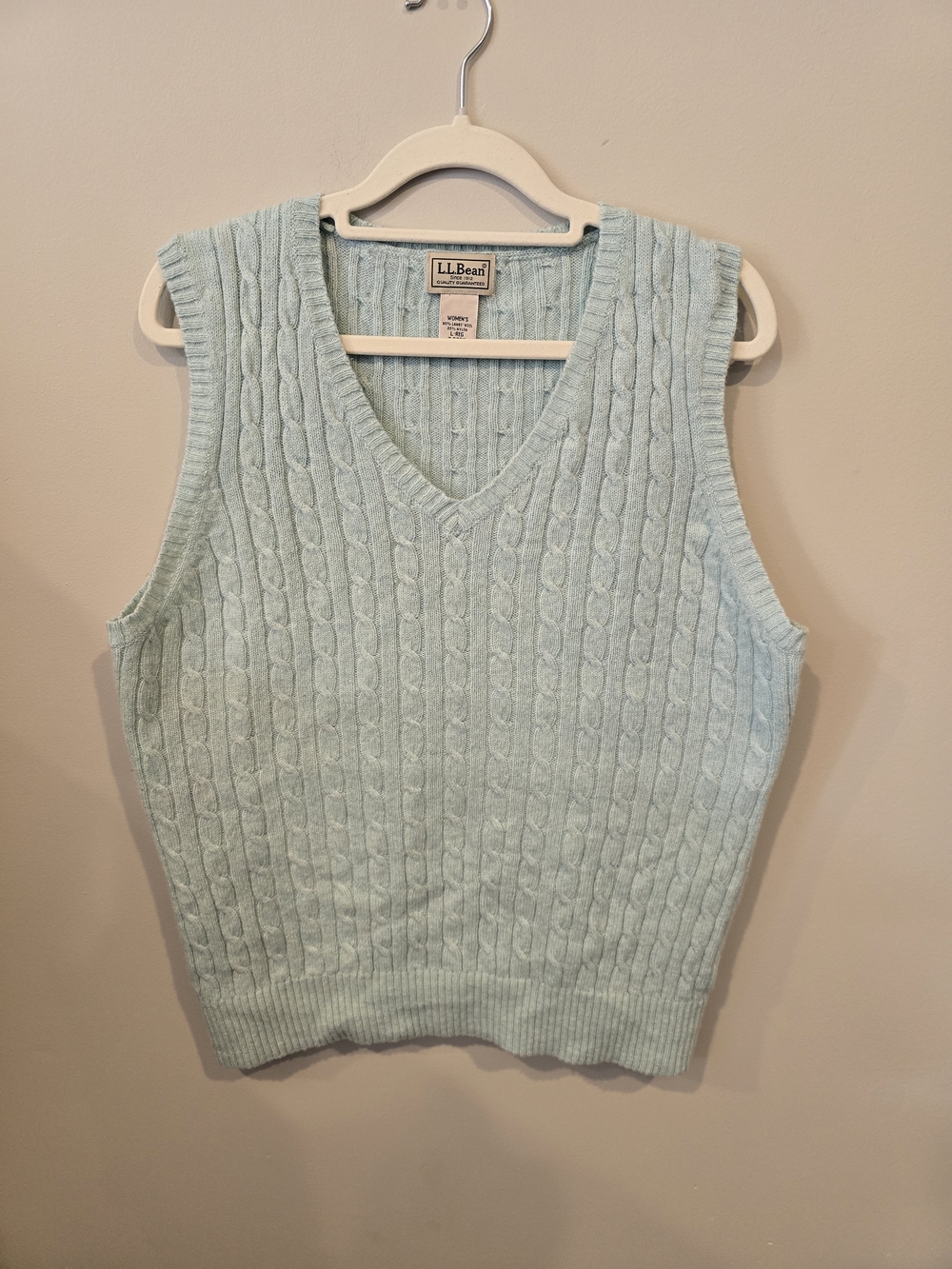 L.L.Bean Light Aqua Cable Knit Wool Blend V-Neck Sweater Vest